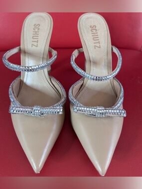 Schutz Women's Nude Crystal Bow Leather Slide High Heels Avril 7.5
